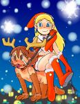 2girls animal_costume ball_gag bdsm blonde_hair blue_eyes blush boots bridle brown_eyes brown_gloves brown_hair chinpui christmas collar dalursa elbow_gloves eri_kasuga flat_chest gag gagged gloves hat kasuga_eri leash long_hair lowres multiple_girls nipples ramb_chop red_gloves reindeer_costume rope santa santa_costume santa_hat snow snowflakes tears yuri