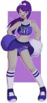 1girl big_breasts bimbo cameltoe cheerleader crop_top dc_comics grey_skin heart-shaped_pupils large_ass navel panties pom_poms purple_lipstick raven_(dc) skirt_lift sneakers socks teen_titans thick_lips thick_thighs wrenzephyr2