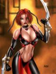 bloodrayne bloodrayne_(videogame) cleavage dhampir green_eyes midriff rayne_(bloodrayne) red_hair redhead sword swords unknown_artist vampire weapon