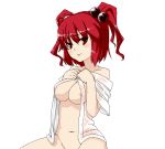 1girl blush breast_squeeze breasts female kirisato_itsuki komachi_onozuka naked_shirt onozuka_komachi red_eyes red_hair see-through shirt sitting solo touhou twintails
