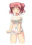 1girl anime big_breasts blush breasts closed_eyes eyebrows hentai hidamari_sketch hiro nipples panties pink_hair pink_panties see_through shirt shirt_tug solo twin_tails underwear wet wet_clothes wet_shirt