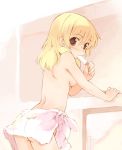  1girl anime ass back backside bent_over blonde_hair breasts brown_eyes eating food hentai hidamari_sketch kurasuke long_hair looking_back miyako popsicle see-through sideboob solo sucking topless towel upskirt wet 