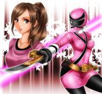  1041_(toshikazu) 1girl alluring belt bodysuit breasts brown_eyes brown_hair covered_erect_nipples curvy gloves medium_breasts open_mouth ponytail samurai_sentai_shinkenger see-through shinken_pink shiraishi_mako skirt smile super_sentai sword weapon 