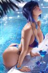 1girl big_breasts bikini blue_eyes blue_hair bubble_butt cleavage female_only genshin_impact horny inviting_to_sex looking_at_viewer olchas pool poolside pose swimsuit teasing thick_thighs wet_body yelan_(genshin_impact)