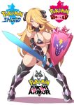  1girl alternate_costume armor big_breasts bikini bikini_armor blonde blonde_hair bra breasts cleavage clothed cynthia cynthia_(pokemon) female female_human female_only garchomp grey_eyes hair_over_one_eye half-closed_eyes happy holding_sword holding_weapon huge_breasts human konno_tohiro large_breasts logo long_blonde_hair long_hair looking_at_viewer medieval navel nintendo panties pokemon pokemon_(game) pokemon_dppt pokemon_ss seductive_smile shield shirona_(pokemon) smile standing stockings sword text thick_thighs thighhighs thighs watermark weapon wide_hips 