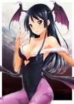  1girl akiyama_mio armpits bare_shoulders bat_print black_eyes black_hair breasts bridal_gauntlets capcom cleavage cosplay demon_girl fingernails head_wings k-on! kaiga leotard long_fingernails long_hair long_nails morrigan_aensland morrigan_aensland_(cosplay) nail_polish pantyhose patterned_legwear print_legwear print_pantyhose solo succubus vampire_(game) 