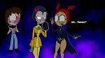  angry aqua_eyes black_eyes blush brown_hair cape cosplay crossover dc_comics dress funny grey_skin halloween leotard looking_back montatora-501 non-nude pale_skin purple_hair raven_(dc) red_hair sari_sumdac short_hair surprise teen_titans transformers transformers_animated twin_tails 