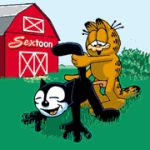  animated barn copyright_name crossover felix_the_cat felix_the_cat_(series) full_body garfield garfield_(character) gif multiple_tails penis sextoon tail tail_grab teeth 