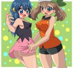 2girls arm arms art ass babe bad_id bandana bandanna bare_arms bare_legs bare_shoulders beanie big_breasts bike_shorts blue_eyes blue_hair blush bottomless breasts brown_hair cameltoe collared_shirt dawn_(pokemon) embarrassed erect_nipples friends game_freak grab grabbing green_background green_bandanna hair hair_ornament hamu_(sanosano) haruka_(pokemon) haruka_(pokemon_emerald) hat headgear hikari_(pokemon) humans_of_pokemon legs long_hair looking_at_another looking_down may_(pokemon) multiple_girls nintendo no_panties open_mouth orange_clothes pink_skirt pokemon pokemon_(anime) pokemon_(game) pokemon_black_and_white pokemon_bw pokemon_diamond_pearl_&_platinum pokemon_dppt pokemon_rse shirt short_hair shorts shy skin_tight skirt skirt_grab sleeveless sleeveless_shirt small_breasts smile spandex standing tight upskirt yuri