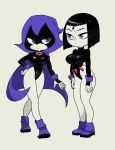 1girl big_breasts black_hair black_leotard boots breasts cloak cuffs dc dc_comics female female_focus female_only forehead_jewel frown full_body leotard multiple_views pouting purple_eyes raven_(dc) shoes short_hair simple_background standing teen_titans teen_titans_go thighs yuta_agc