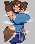  abs armpits arms_up blue_eyes blush dark-skinned_female erect_nipples eskimo female_only flexing huge_breasts korra large_breasts looking_at_viewer nezulet short_hair simple_background smiling smiling_at_viewer smug sweatdrop sweating the_legend_of_korra 