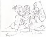  1boy 2girls aang avatar:_the_last_airbender azula big_breasts katara monochrome nosebleed sketch sling_bikini travis_green 