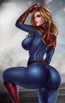 1girl ass big_ass blonde_hair blue_bodysuit bodysuit boots breasts brown_eyes captain_marvel carol_danvers fingerless_gloves flowerxl gloves hand_on_head large_breasts long_hair looking_back marvel painted_nails red_boots red_gloves sideboob smile thick_thighs thighs