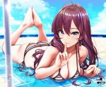 1girl ahoge ass bangs barefoot beach beach_towel big_breasts bikini blue_eyes blue_sky blush breasts brown_hair butt_crack cleavage feet feet_up finger_to_mouth fingernails full_body hair_between_eyes ichinose_shiki idolmaster knees_together_feet_apart legs lips looking_at_viewer lying on_stomach outside sand side-tie_bikini sky smile striped_bikini swimsuit thighs toes towel