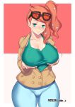 1girl aster_crowley blazer blue_eyes breast_hold breasts cameltoe cleavage glasses glasses_on_head large_breasts looking_at_viewer orange_hair painted_nails pokemon_(game) pokemon_ss side_ponytail smile sonia_(pokemon) thick_thighs thigh_gap thighs