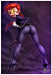 2013 ass bent_over cosplay crimson_viper dexter's_laboratory dexter's_mom eyelashes fernando_faria_(artist) gloves halloween high_heels lipstick long_hair looking_back milf ponytail purple_gloves red_lipstick shiny shiny_skin smile solo street_fighter sunglasses teeth wide_hips