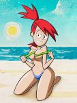 beach big_breasts bikini bikini_bottom blue_bikini blue_bikini_bottom breasts covering_nipples foster's_home_for_imaginary_friends frankie_foster grimphantom looking_at_viewer ocean red_hair redhead sand smile topless water