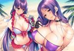 2_girls arm_under_breasts armlet arms_behind_back beach bikini black_gloves blue_eyes blush breast_hold breasts choker cleavage covered_nipples earrings elbow_gloves fate/grand_order fate_(series) fingerless_gloves frilled_bikini frills front-tie_bikini front-tie_top gauntlets gloves head_tilt huge_breasts jewelry large_breasts lips long_hair looking_at_viewer minamoto_no_raikou_(fate) minamoto_no_raikou_(swimsuit_lancer) navel outside parted_lips piromizu purple_bikini purple_hair red_gloves saint_martha saint_martha_(swimsuit_ruler) single_fingerless_glove swimsuit thigh_gap very_long_hair wet wet_hair white_bikini