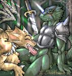 2005 armor blush breasts cum cum_in_mouth cum_inside dragon duo fellatio female hetero lizard_folk male nipples non-mammal_breasts oral oral_sex outside penis scale scalie sex sitting sweat sword weapon zidanerfox