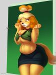  1girl animal_crossing animal_crossing_new_leaf anthro atsuii big_breasts breasts brown_eyes canid canine canine_humanoid canis cleavage clothed clothing collaboration domestic_dog doubutsu_no_mori furry hair hair_tie invalid_tag isabelle_(animal_crossing) jingle_bell mammal nintendo pinup ponytail pose racoe secretary shih_tzu shizue_(doubutsu_no_mori) slightly_chubby thick_ass thick_legs thick_thighs toy_dog video_games wardrobe_malfunction wide_hips yellow_fur 