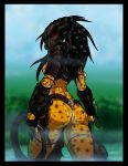  1girl alien ass astrozerk04 badass dreadlocks female fishnet looking_back mask predator solo the_predator water weapon weapons whip yautja 