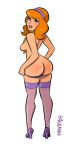 1girl ass daphne_blake female female_only hackman23 hairband high_heels looking_at_viewer looking_back nude panties panties_pull red_hair scooby-doo sideboob solo standing stockings thighs white_background