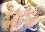 1girl 2_girls aiba_yumi anus ass bangs barefoot bed blonde breasts brown_eyes brown_hair casino_(casinoep) censored decensor_request duo earrings eyebrows_visible_through_hair feet female_only floral_print foot_grab foot_licking foot_worship grey_hair hair_between_eyes high_resolution idolmaster idolmaster indoors jewelry kimono licking medium_breasts multiple_girls nipples on_bed panties panty_pull parted_bangs pillow pussy saliva shiomi_shuuko short_hair soles toe_sucking toes tongue underwear vaginal_juices wafuku window yuri