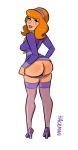 1girl ass clothed daphne_blake dress dress_lift female female_only hackman23 hairband high_heels looking_at_viewer looking_back panties panties_pull red_hair scooby-doo solo standing stockings white_background