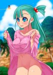  1boy 1girl blue_eyes blush bottomless bulma_briefs dragon_ball expose green_hair hachi_menou hair_bobbles hair_ornament half_naked half_nude no_panties pussy smile son_goku 