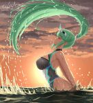 1girl alluring big_breasts bikini cslucaris green_hair in_water nintendo ocean one-piece_bikini pneuma_(xenoblade) pneuma_(xenoblade_2) ponytail resurfacing sunset wet xenoblade_(series) xenoblade_chronicles_2