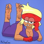 1girl barefoot blonde_hair carol_kincaid cartoon_network cleavage female_only foot_fetish jumpsuit milf mr._chase_comix ok_k.o.!_let's_be_heroes red_gloves red_headband smile soles solo_female toes tooth_gap