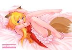  1girl animal_ears barefoot bed blonde_hair blue_eyes blush brown_hair canine feet female firefox fox fox_ears foxgirl hair hentai hindpaw humanized kemonomimi kitsunemimi long_blonde_hair long_hair looking_at_viewer lying mascot moezilla-gumi on_back os os-tan panties paw personification pillow pillows piro_(artist) piro_(piro_r) solo tail toes underwear 