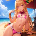  1girl ai_generated beach bikini blonde_hair bracelet crossdressing female_focus flower_in_hair frilled_bikini long_hair pink_eyes thick_thighs wide_hips 