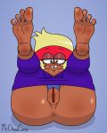 1girl anus barefoot blonde_hair blush carol_kincaid cartoon_network cleavage dark_skin eyes_half_open feet female_only foot_fetish jumpsuit milf mr._chase_comix ok_k.o.!_let's_be_heroes pussy red_headband smile soles solo_female toes tooth_gap