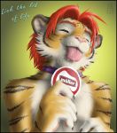  2008 caption closed_eyes collar feline furry green_eyes hair humour joshua_(zenthetiger) male original red_hair saliva solo tiger tongue yogurt zen zen_(artist) 