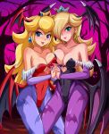 2_girls :p aqua_eyes art asymmetrical_docking bare_shoulders bat_print bat_wings between_legs big_breasts blonde_hair blue_eyes breast_press breasts bridal_gauntlets cameltoe capcom cleavage clothed_navel collarbone cosplay costume crown darkstalkers demon_girl earrings erect_nipples female female_only hair_over_one_eye hand_holding hands_clasped head_wings heart high_res highres holding_hands interlocked_fingers jewelry lilith_aensland lilith_aensland_(cosplay) lips lipstick long_hair looking_at_viewer morrigan_aensland morrigan_aensland_(cosplay) multiple_girls nail_polish neck nintendo pantyhose pink_lipstick princess_peach princess_rosalina red_lipstick shiny shiny_hair shiny_skin sigurd_hosenfeld sigurdhosenfeld smile standing succubus super_mario_bros. tongue vampire_(game) wings