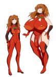 asuka_langley_souryuu before_and_after bimbofication blue_eyes brown_hair futanari gigantic_ass gigantic_breasts hourglass_figure lemonfont neon_genesis_evangelion plugsuit size_difference twin_tails