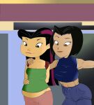 2_girls belly_bulge black_hair brown_eyes crossover derracias-35 earrings jackie_chan_adventures jade_chan juniper_lee lesbian pregnant pregnant_belly pregnant_female purple_hair smile the_life_and_times_of_juniper_lee two_tone_hair wife_and_wife yuri