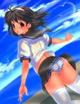 blush panties school_girl_outfit seagulls solo stockings striped_panties tagme upskirt