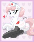 1girl anus blush cogbrony cutie_mark earth_pony female friendship_is_magic looking_at_viewer lying my_little_pony nurse_cap nurse_redheart nurse_redheart_(mlp) open_mouth pony pussy pussy_juice pussy_juice_leaking pussy_juice_puddle solo stockings tail vaginal_juices