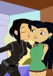  2_girls black_hair bodysuit brown_eyes crossover derracias-35 earrings jackie_chan_adventures jade_chan juniper_lee kissing lesbian the_life_and_times_of_juniper_lee wife_and_wife yuri 