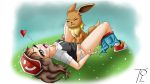 1boy 1girl eevee elaine_(pokemon) female_human female_human/male_pokemon human/pokemon interspecies lying male_pokemon open_mouth panties panties_aside partially_clothed penis_in_pussy pokemon sex vaginal vaginal_penetration vaginal_sex