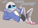  2015 88komi animated_skeleton blue_blush blue_jacket blush bottom_sans embarrassed english_text jacket kaya-96 looking_down monster pink_slippers sans sans_(undertale) skeleton slippers solo submissive sweat text uke_sans undead undertale undertale_(series) 