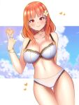 1girl 1girl 1girl alluring alternate_breast_size arm_behind_back bangs big_breasts bikini blunt_bangs blush bracelet breasts celica_(fire_emblem) choker cleavage cloud collarbone cross earrings english_commentary eyebrows_visible_through_hair fire_emblem fire_emblem_echoes:_shadows_of_valentia fire_emblem_gaiden flower gold_bracelet gold_choker gold_earrings gold_necklace gold_trim hair_flower hair_ornament heart high_res jewelry jxh_soda letterboxed lips looking_at_viewer navel necklace nintendo orange_hair red_eyes ring shadow sky smile solo_female swimsuit thigh_gap thighs v white_bikini white_flower