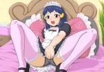 1girl bed blue_eyes blue_hair blush clothed creatures_(company) dawn_(pokemon) dress female female_human female_only game_freak hat hikari_(pokemon) human humans_of_pokemon indoors maid maid_apron maid_headdress maid_outfit maid_uniform masturbation nintendo on_bed panties pokemon pokemon_(anime) pokemon_(game) pokemon_black_and_white pokemon_bw pokemon_dppt stockings