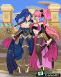  2girls alluring alternate_costume arm_over_shoulder bare_midriff bare_shoulders barefoot big_breasts blue_eyes blue_hair blue_nails blush bodystocking cleavage dancer dorothea_arnault_(cosplay) embarrassed eyebrows_visible_through_hair feet female_only fire fire_emblem fire_emblem:_mystery_of_the_emblem fire_emblem:_new_mystery_of_the_emblem fire_emblem_heroes fully_clothed harem_outfit kris_(fire_emblem) long_hair looking_at_viewer loutaniart magic medium_hair nail_polish nintendo open_mouth open_smile phina_(fire_emblem) pink_eyes pink_hair ponytail smile tharja_(fire_emblem)_(cosplay) toes 