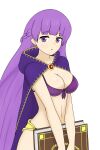 1girl alluring alternate_costume bangs bare_midriff bare_thighs big_breasts bikini book braid breasts cape cleavage female_only fire_emblem fire_emblem:_the_binding_blade long_hair looking_at_viewer midriff nintendo open_mouth purple_bikini purple_eyes purple_hair purple_swimsuit sophia_(fire_emblem) swimsuit thighs very_long_hair white_background wide_hips yoshio_hentai