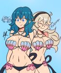 2girls alluring big_breasts bikini blue_eyes byleth_(female) byleth_(fire_emblem) byleth_(fire_emblem)_(female) corrin_(fire_emblem) corrin_(fire_emblem)_(female) corrin_(summer)_(fire_emblem)_(female) embarrassed female_only fire_emblem fire_emblem:_three_houses fire_emblem_cipher fire_emblem_fates grin manakete multiple_girls pointy_ears raydango seashell_bra shell shell_bikini smile sothis_(fire_emblem) teal_hair