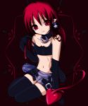 1girl alternate_hairstyle ariccho demon_girl disgaea elbow_gloves etna flat_chest gloves hair_down red_background red_eyes red_hair redhead sitting small_breasts solo strap_slip tail wings