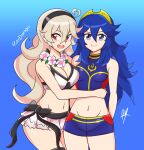 2girls alluring bikini blue_eyes blue_hair cleavage corrin_(fire_emblem) corrin_(fire_emblem)_(female) fire_emblem fire_emblem_heroes lucina lucina_(fire_emblem) magenta_eyes nintendo raydango silver_hair